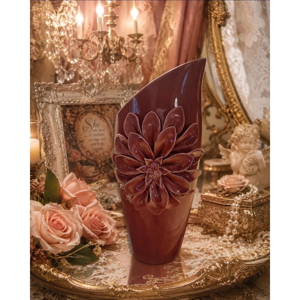Elegant raised 3D Mauve floral relief ceramic vase